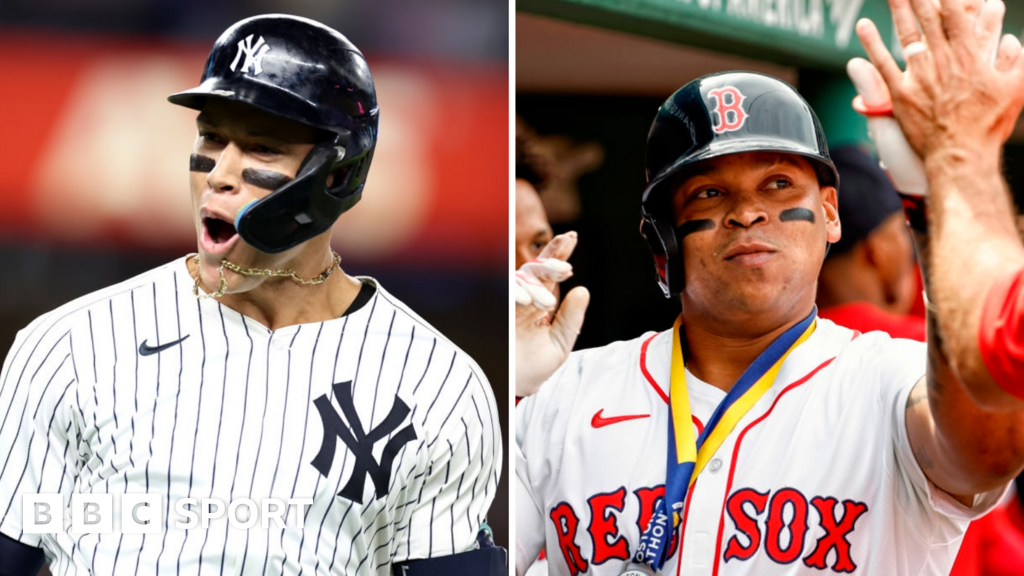 Aaron Judge watches the ball after hitting his 52nd home run of the 2024 season