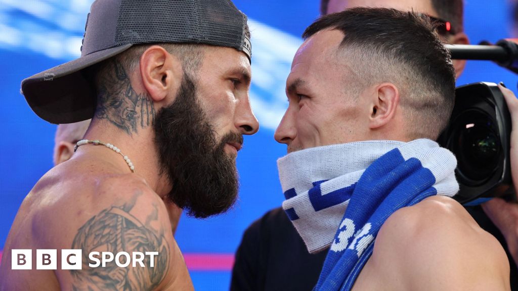 Anthony Cacace and Josh Warrington face off at Friday's weigh-in at Trafalgar Square