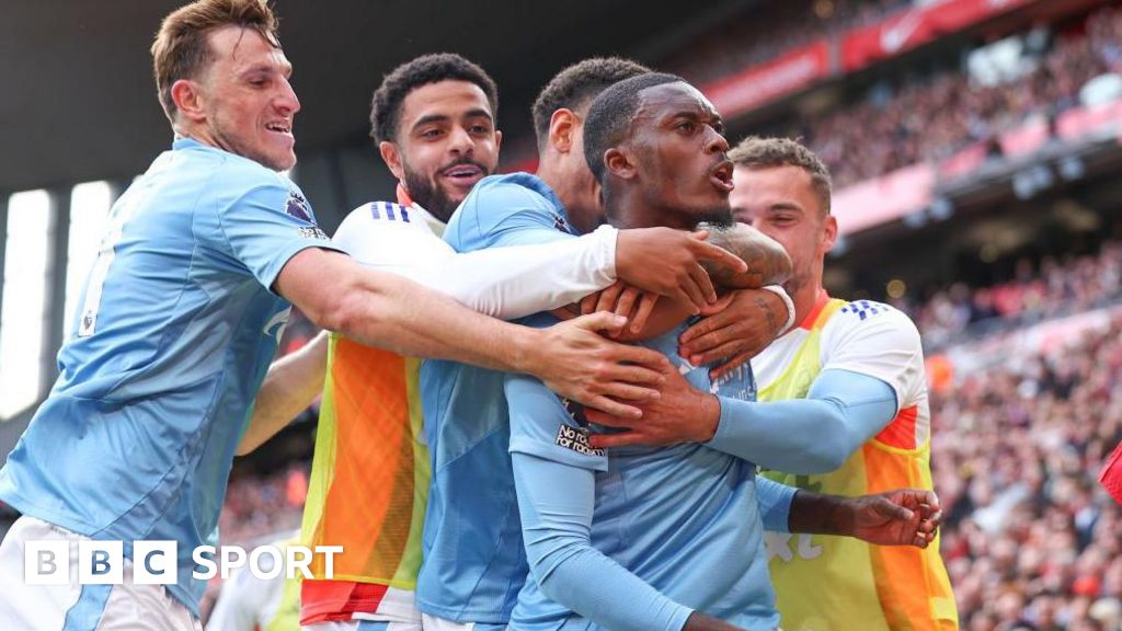 Nottingham Forest celebrate Callum Hudson-Odoi's winner at Liverpool