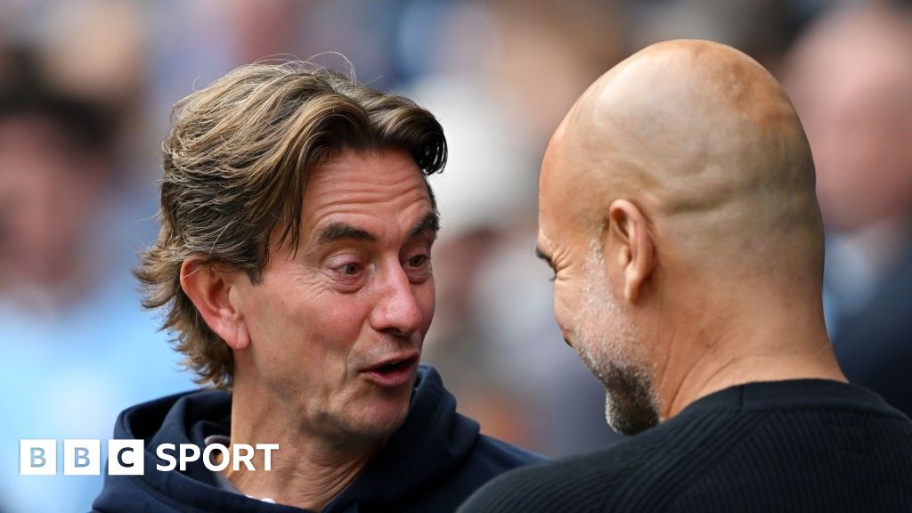 Manchester City boss Pep Guardiola greets Brentford counterpart Thomas Frank before his side's 2-1 win at Etihad Stadium