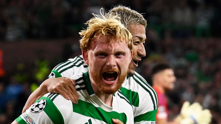 Celtic's Liam Scales celebrates scoring to make it 1-0