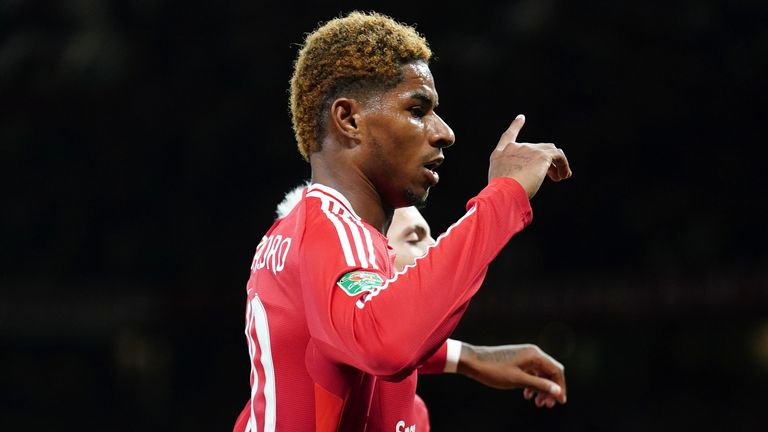 Manchester United's Marcus Rashford celebrates after scoring against Barnsley